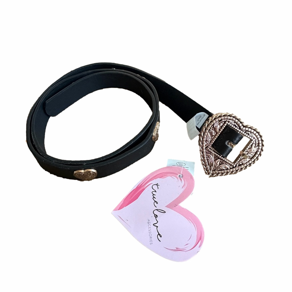 BNWT True Love Black Leather Heart-Accent Belt with Rose Gold Buckle
